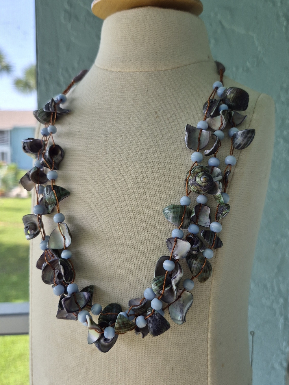Handmade Shell & Blue Bead Multi-Strand Necklace